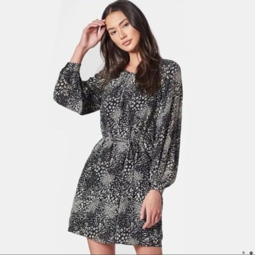Joie Black and White Fit and Flare Aminata Dress Long Sleeve Animal Print